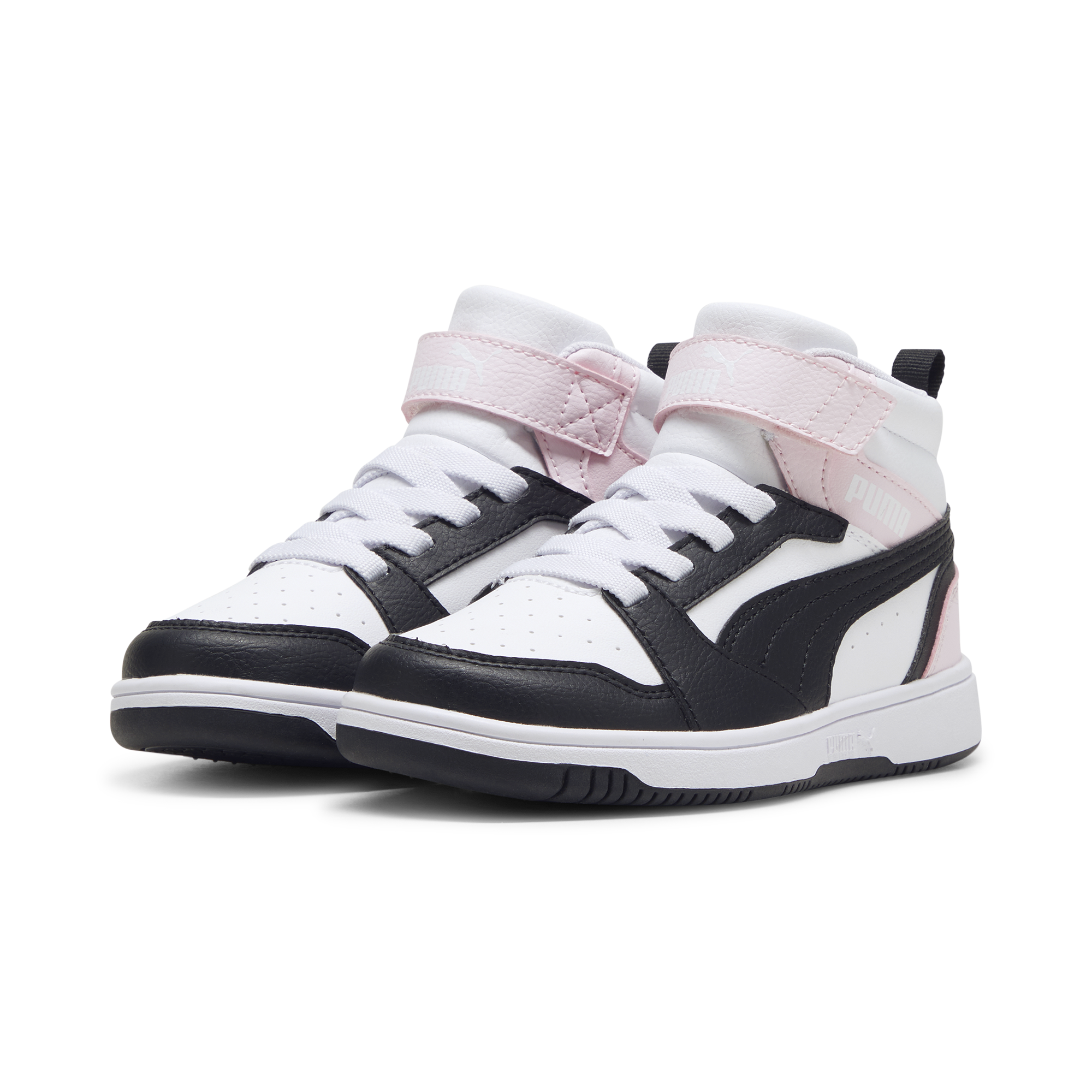 Sneakers alte bianche e nere da bambina con dettagli rosa Puma Rebound v6 Mid AC+ PS, Brand, SKU s342500248, Immagine 0